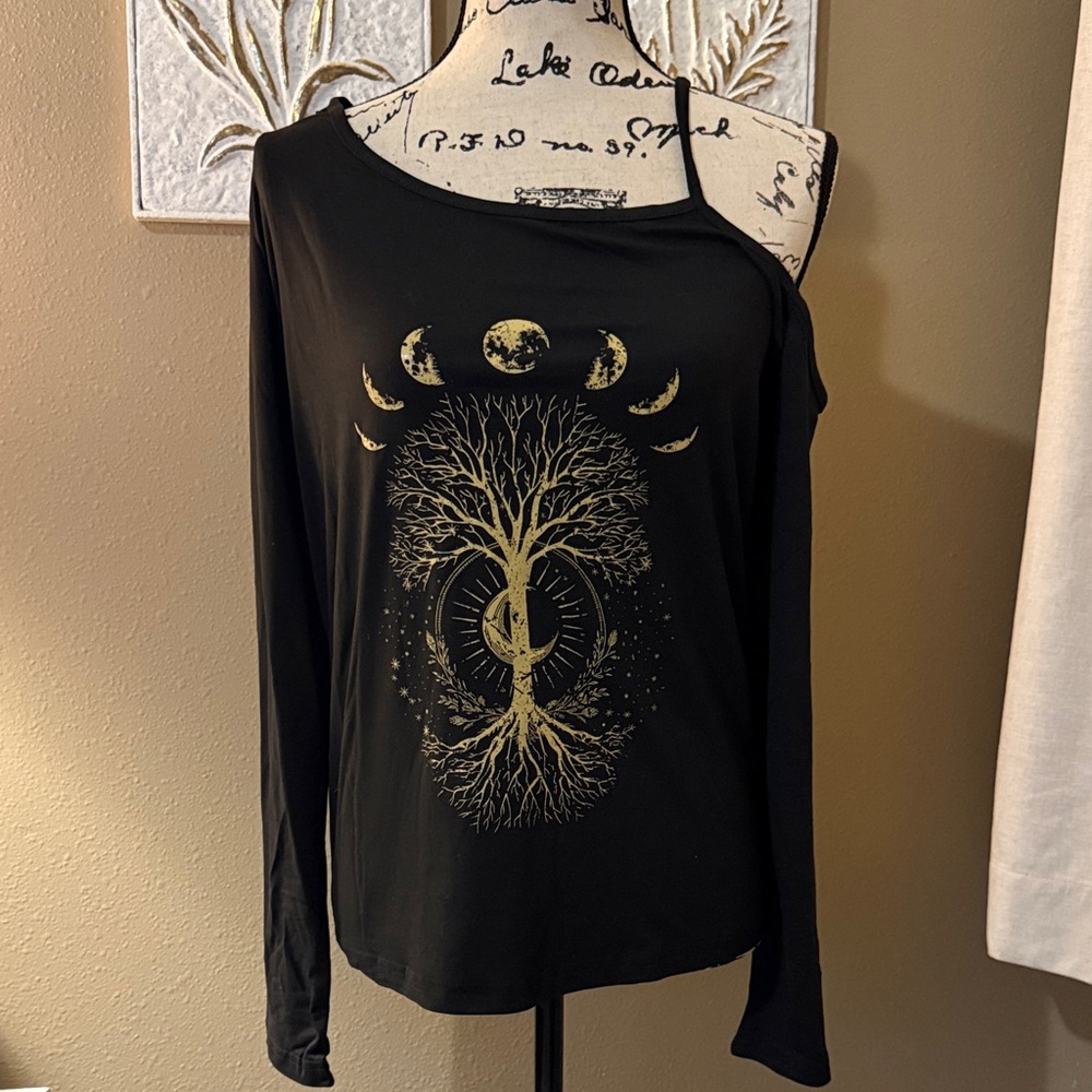 Black Asymmetrical Long Sleeve Top with Gold Tree Design